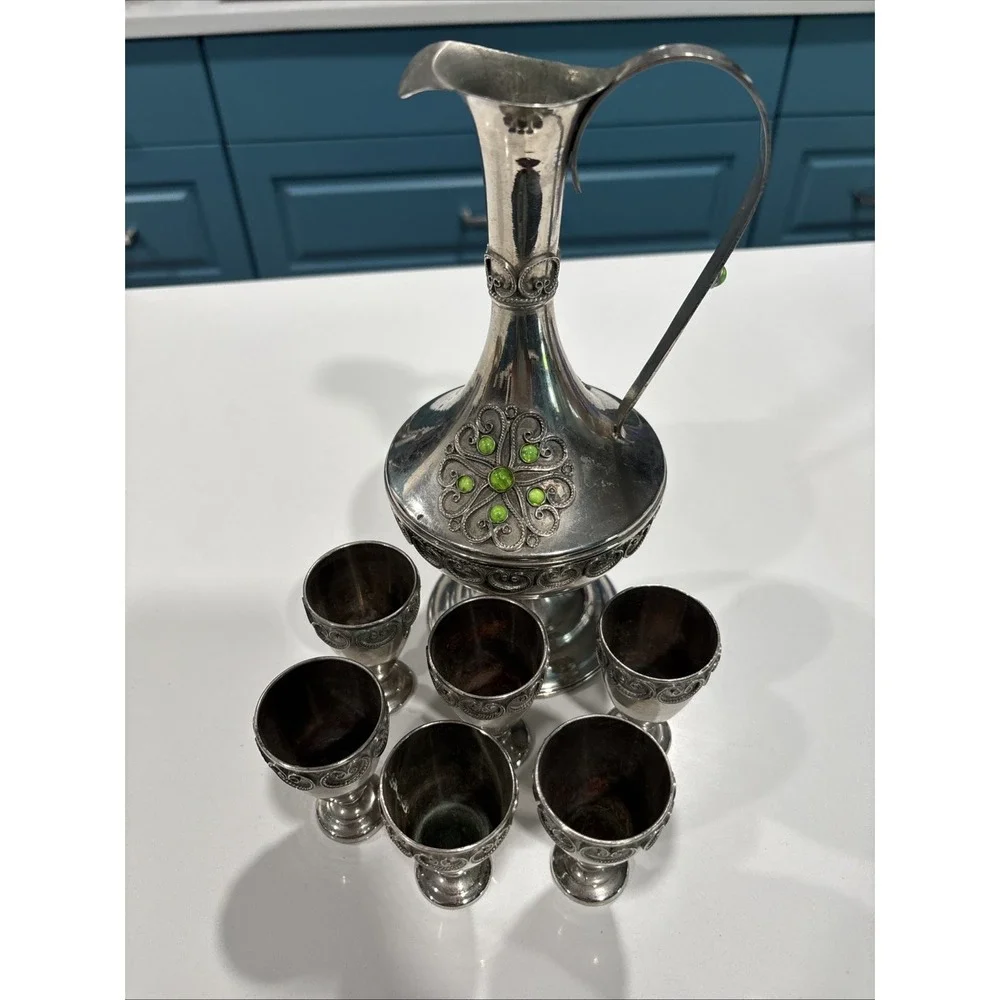 Vintage Persian Wine Decanter With Inset Stones; 6 Shot Glasses